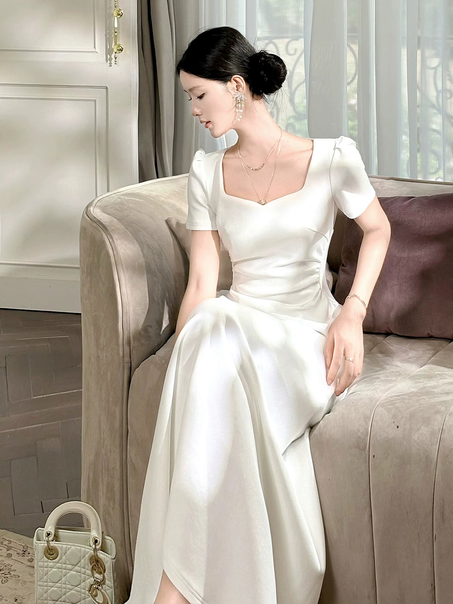 Robe Décontractée Coupe A-ligne Ivoire Style Français À Manches Courtes Longueur Cheville En Satin Idées Pour Femmes 21ème Anniversaire Impressionnant Robe Soirée Tenues De Soirée MP134