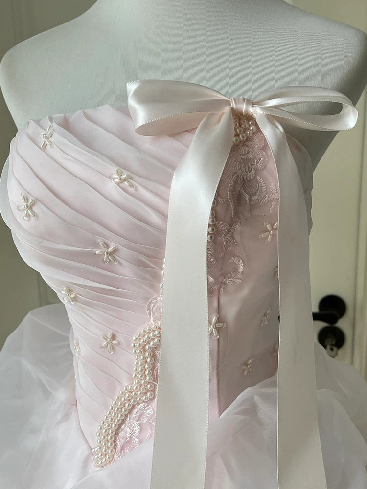 Niedliche lange, gestufte Quinceañera-Kleider, Ballkleid, trägerlos, perlmuttrosa Organza, langes Sweet 16 Kleid, Quinceañera-Kleid MP155