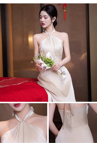 Elegantes A-Linien Neckholder Champagner Satin Bodenlanges Frühlings Sommer Brautjungfernkleid MP165