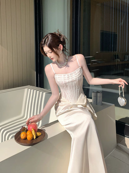 Französischer Stil Meerjungfrau Spaghettiträger Weiß Ideen für Frauen 18. Beeindruckende Sommer Strand Abschlussball Geburtstag Kleider Abend Nacht Outfit MP275
