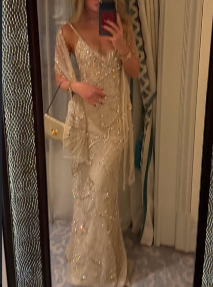 Glamorous Mermaid Spaghetti Strap Champagne With Beaded Sleeveless Long Prom Dresses MP709