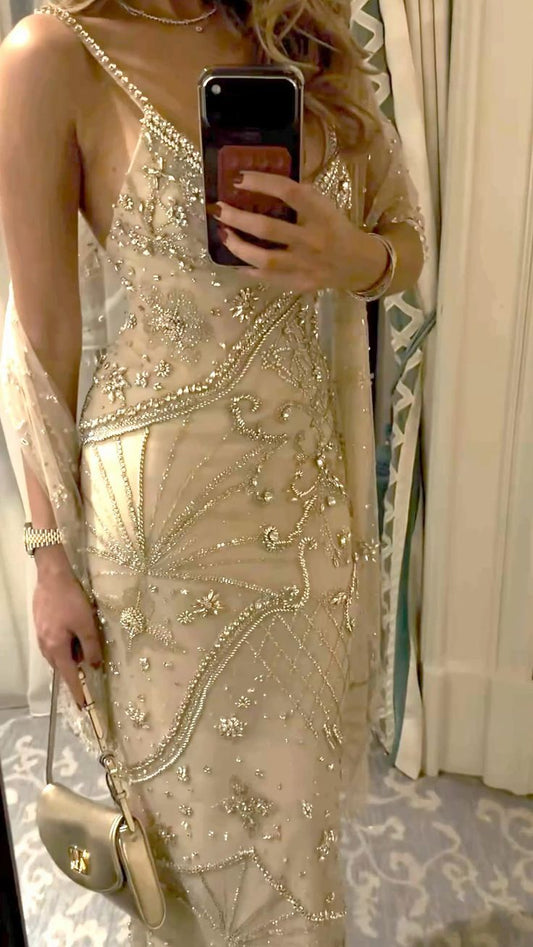 Glamorous Mermaid Spaghetti Strap Champagne With Beaded Sleeveless Long Prom Dresses MP709
