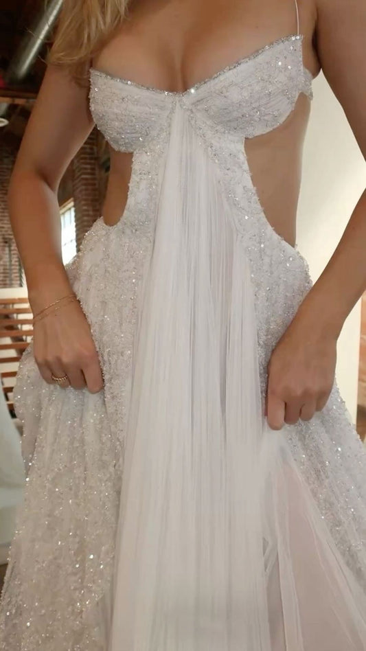 Glamorous A Line Spaghetti Strap White Sequined Sleeveless Long Prom Dresses MP711