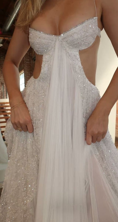 Glamorous A Line Spaghetti Strap White Sequined Sleeveless Long Prom Dresses MP711