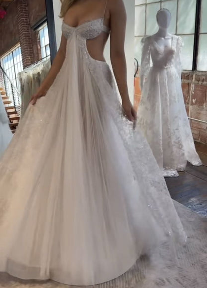 Glamorous A Line Spaghetti Strap White Sequined Sleeveless Long Prom Dresses MP711