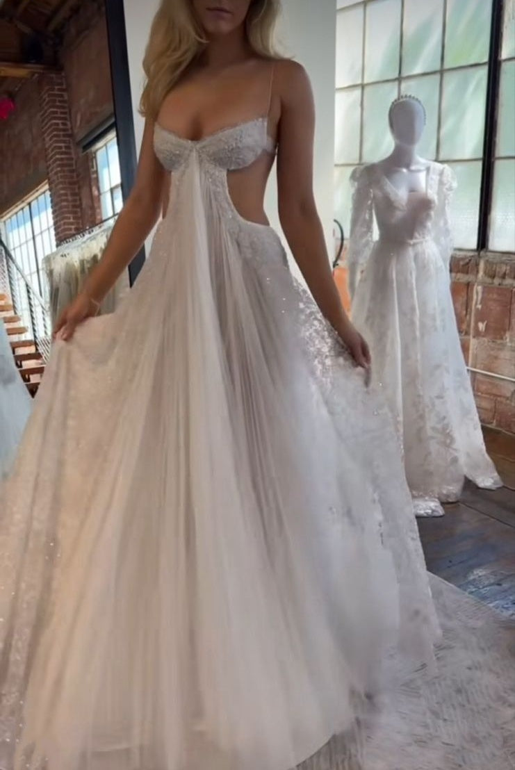 Glamorous A Line Spaghetti Strap White Sequined Sleeveless Long Prom Dresses MP711