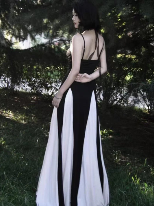 Classic A Line Spaghetti Strap White Black Chiffon Sleeveless Prom Dresses Long Formal Dresses Graduation Gown MP470