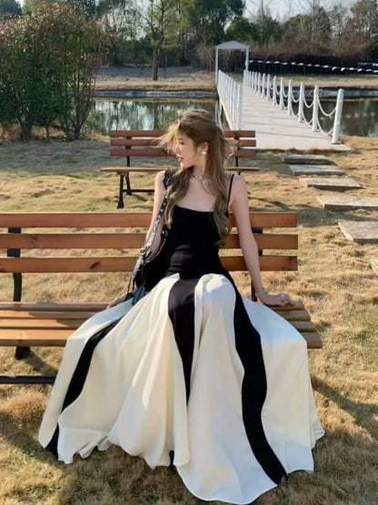 Robe de bal longue en mousseline de soie blanche et noire à fines bretelles, coupe trapèze classique, sans manches, robe de soirée, robe de diplôme MP470