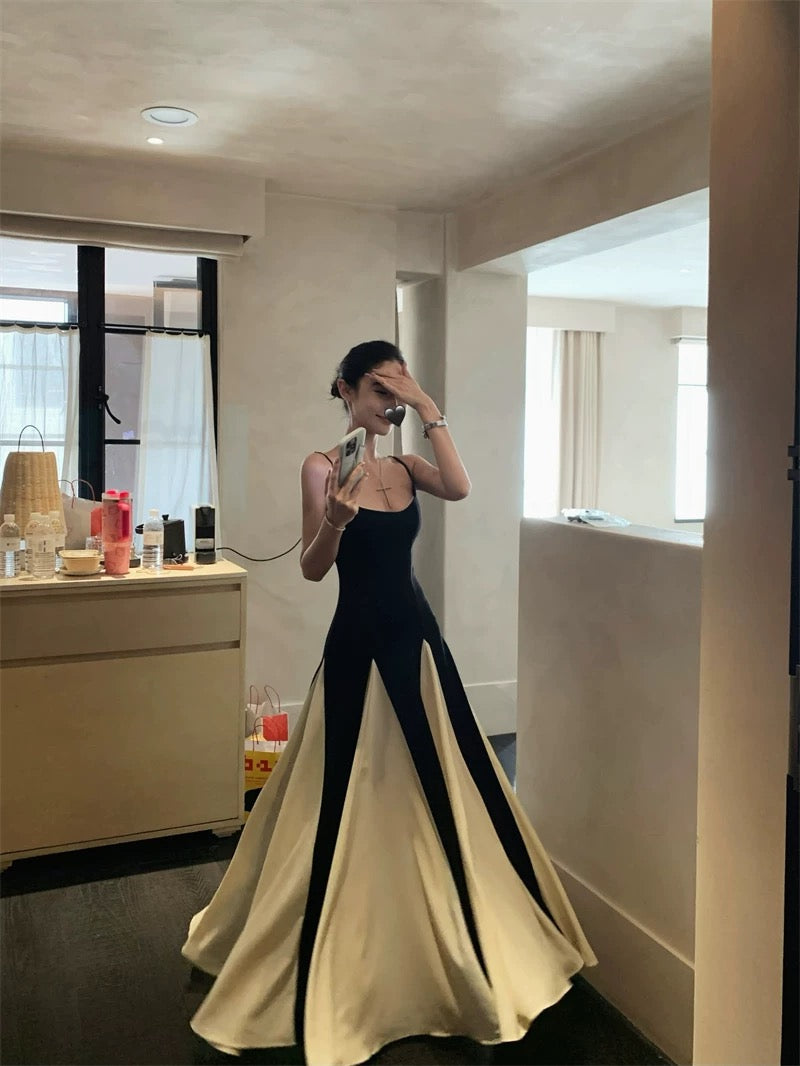 Robe de bal longue en mousseline de soie blanche et noire à fines bretelles, coupe trapèze classique, sans manches, robe de soirée, robe de diplôme MP470