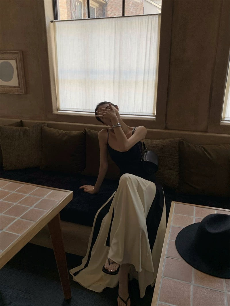 Robe de bal longue en mousseline de soie blanche et noire à fines bretelles, coupe trapèze classique, sans manches, robe de soirée, robe de diplôme MP470