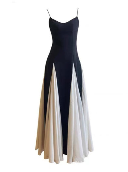 Robe de bal longue en mousseline de soie blanche et noire à fines bretelles, coupe trapèze classique, sans manches, robe de soirée, robe de diplôme MP470