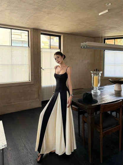 Robe de bal longue en mousseline de soie blanche et noire à fines bretelles, coupe trapèze classique, sans manches, robe de soirée, robe de diplôme MP470