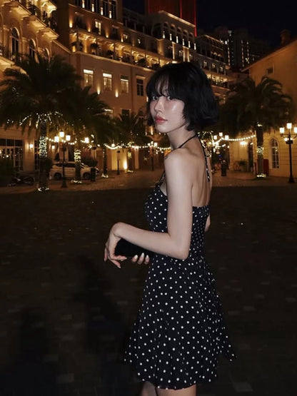 Pretty Sheath Halter Hoco Dress Inspo Homecoming Little Black Polka Dot Cute Party Outfits MP421
