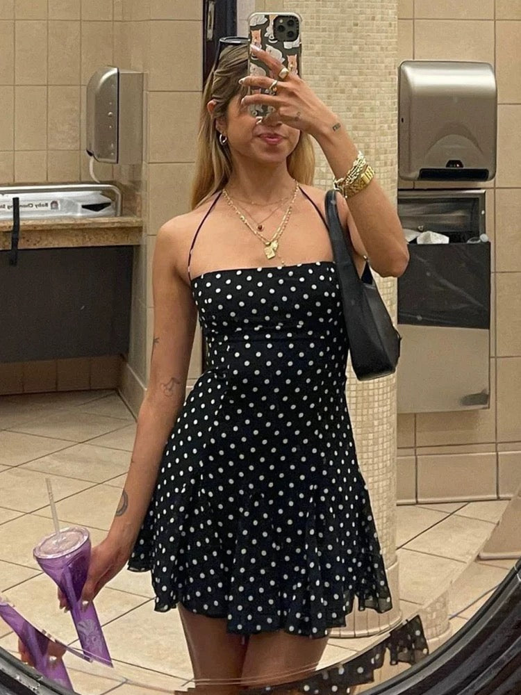 Pretty Sheath Halter Hoco Dress Inspo Homecoming Little Black Polka Dot Cute Party Outfits MP421
