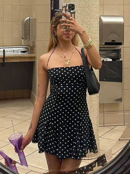 Pretty Sheath Halter Hoco Dress Inspo Homecoming Little Black Polka Dot Cute Party Outfits MP421