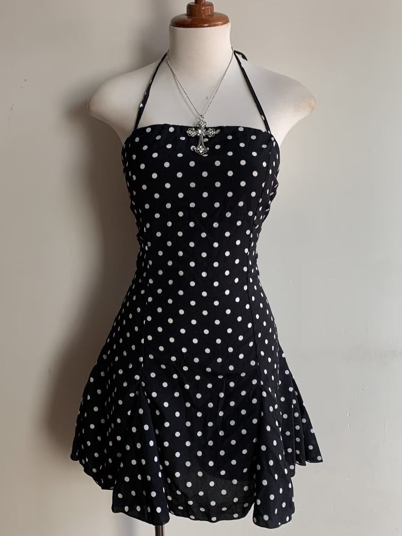 Pretty Sheath Halter Hoco Dress Inspo Homecoming Little Black Polka Dot Cute Party Outfits MP421