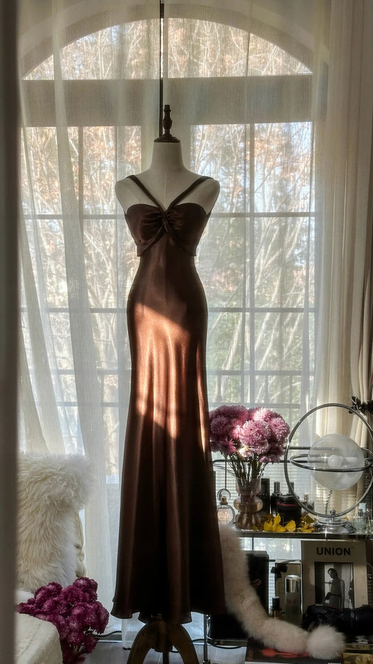 Modest Mermaid Halter Brown Chiffon Floor Length Sleeveless Formal Gown Evening Prom Dresses MP1077