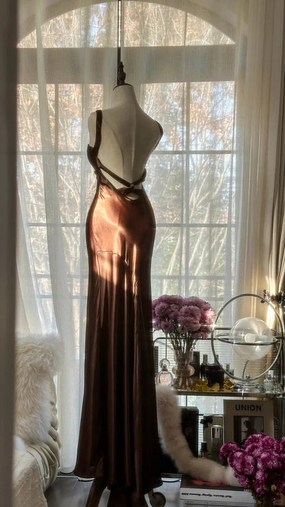 Modest Mermaid Halter Brown Chiffon Floor Length Sleeveless Formal Gown Evening Prom Dresses MP1077