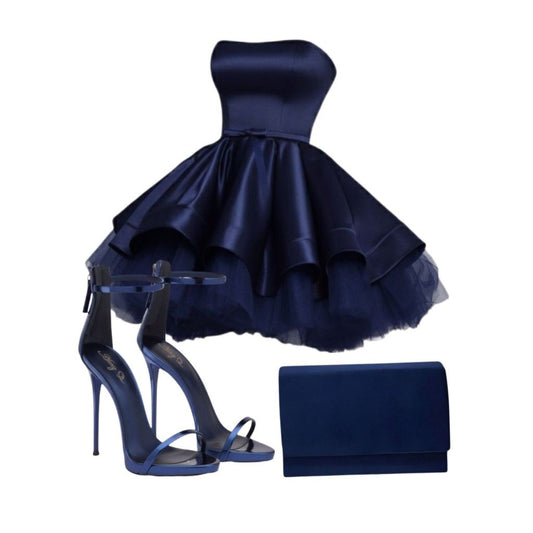 Einfaches Ballkleid, trägerlos, Marineblau, Tüll, kurz, 16. Geburtstag, Outfits, Homecoming Kleider MP860