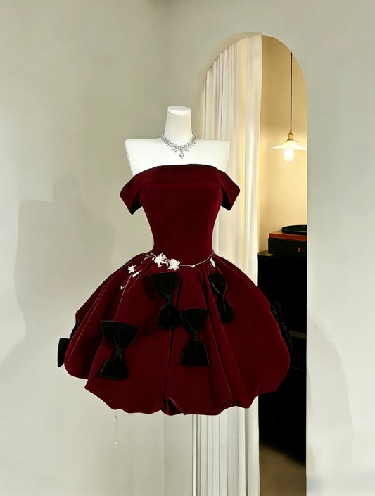 Chic Cocktail Ball Gown Off The Shoulder Burgundy With Short Sleeves Formal Birthday Outfits Homecoming Dresses MP742