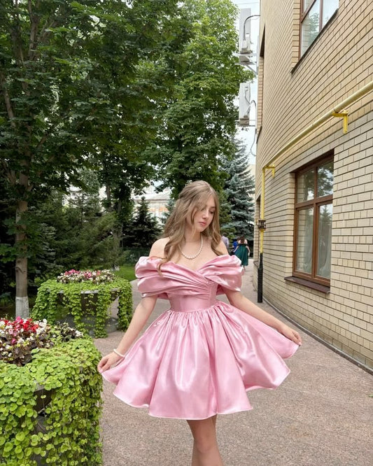 Chic Cocktail Ball Gown Off The Shoulder Pink With Short Sleeves Formal Birthday Outfits Homecoming Dresses MP745