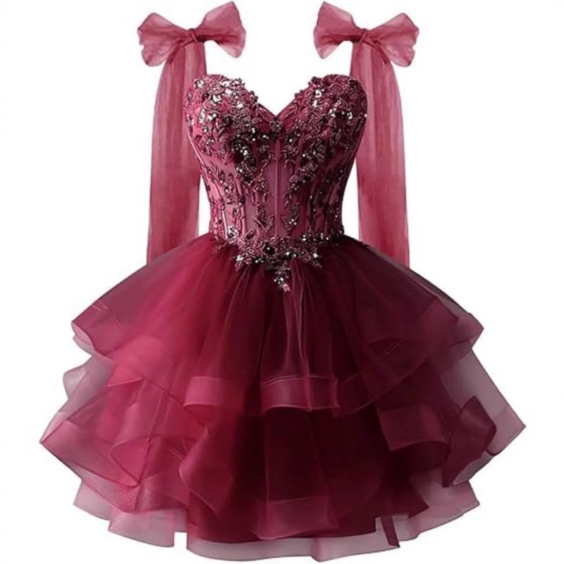 Cute Ball Gown Sweetheart Burgundy With Bow-knot Tulle Short Mini 15 16 Birthday Outfits Homecoming Dress MP744
