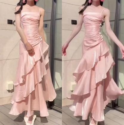 Robe de fête d'anniversaire à l'inspiration vintage, rose volantée à plusieurs couches et à bretelles spaghetti, pour remise des diplômes et bal MP306