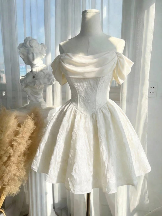 Bezauberndes Ballkleid schulterfrei weiß Spitze Mini Kurz Hoco Abschluss Outfits Heimkehrkleid MP862