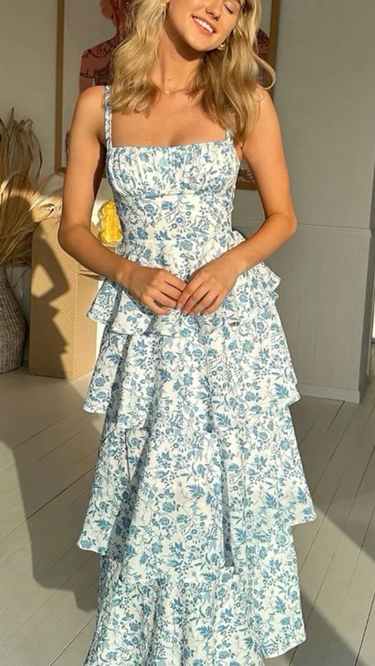 Vintage A Line Spaghetti Straps Blue Floral Sleeveless Prom Dresses Long Formal Dress Graduation Gown MP480
