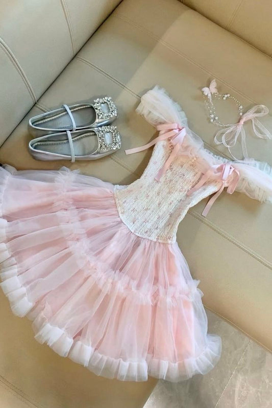 Feenhafter Ballkleid, schulterfrei, rosa Tüll mit Schleife, Mini kurz, Hof, Heimkehrkleider, Hoco Kleid MP1406