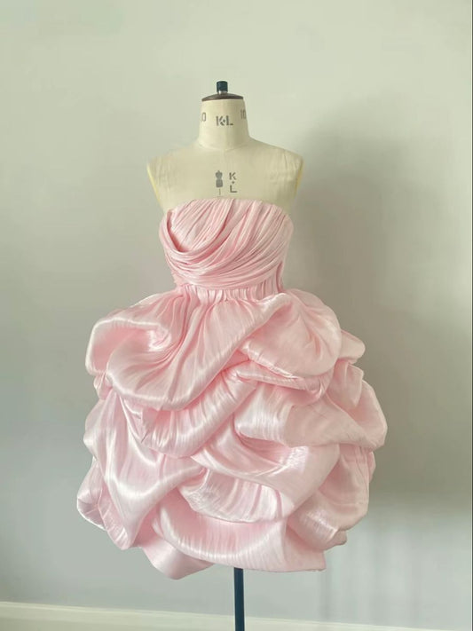 Chic Cocktail Ball Gown Strapless Organza Pink Short Mini Formal Birthday Outfits Homecoming Dresses MP747