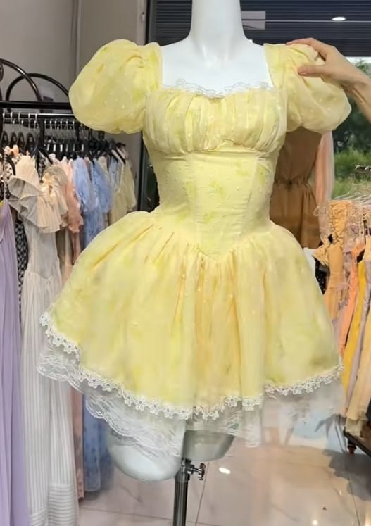Feenhaftes Ballkleid mit eckigem Ausschnitt, gelb, mit Ärmeln, Mini-Kurz, Hof-Heimkehrkleider Hoco-Kleid MP1408