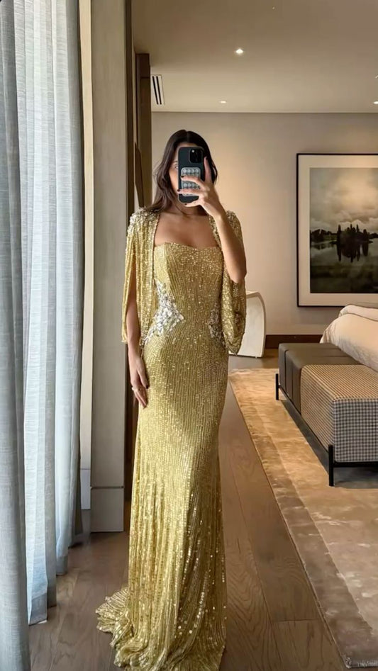 Sparkly Sheath Strapless Gold Sequin Sleeveless Prom Dresses Long Formal Dress Graduation Gown MP481