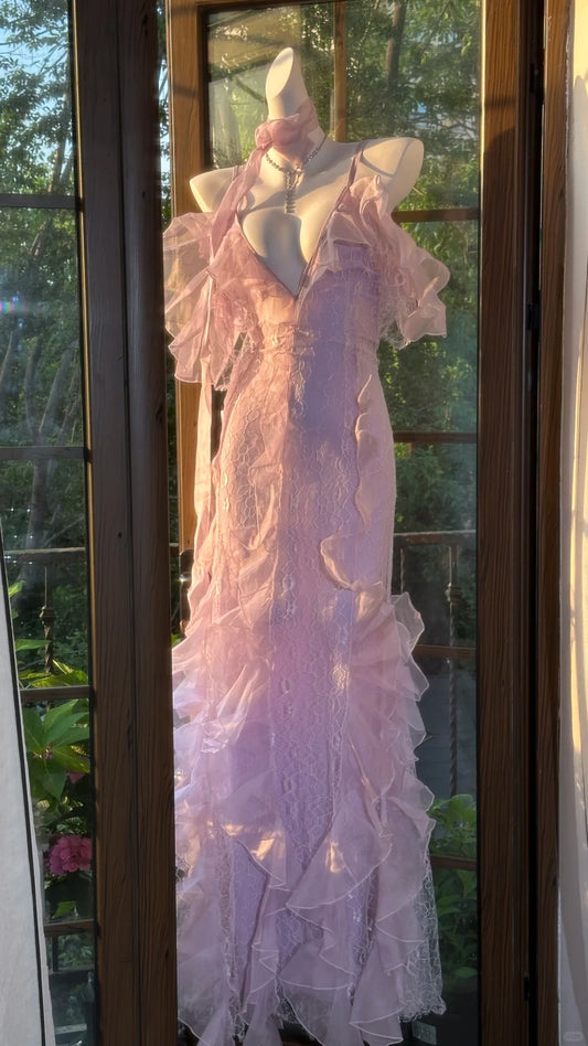 Classy Mermaid Lilac Spaghetti Strap Chiffon With Lace Sleeveless Long Length Prom Dresses MP960