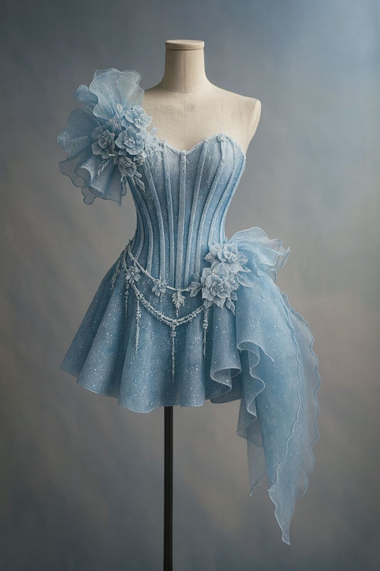 Glitzerndes Ballkleid One Shoulder Blau mit Blumen Pailletten Kurz Mini 15 16 Geburtstagsoutfits Homecoming-Kleid MP758