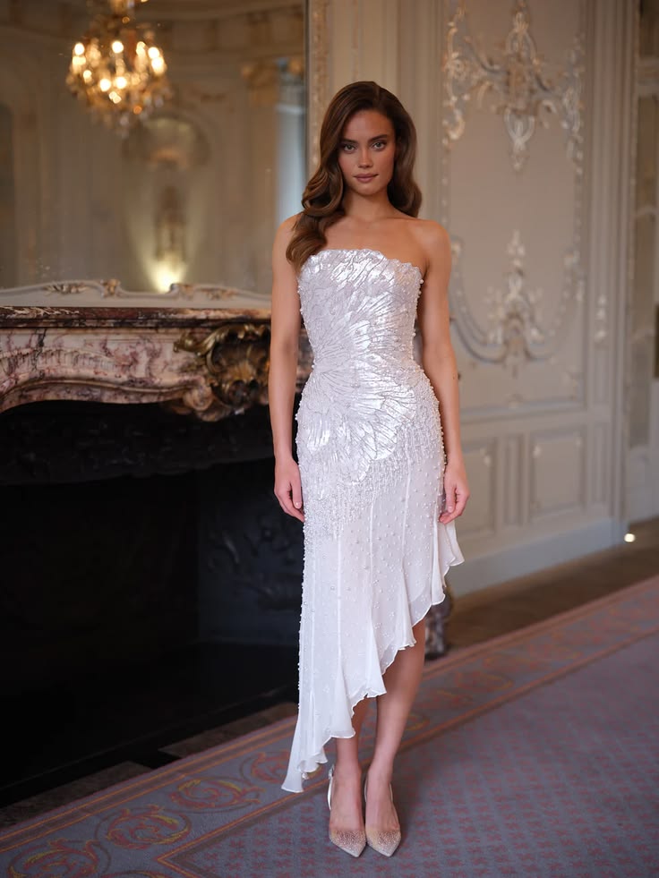 Glamorous Mermaid Strapless White Chiffon Sequined With Beading Sleeveless Prom Dresses MP665