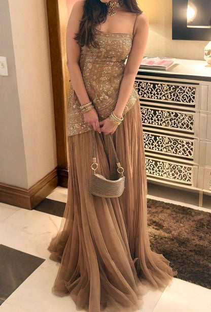 Sparkly A Line Spaghetti Strap Gold Tulle Sleeveless With Beading Long Length Prom Dress Women Party Gowns MP531