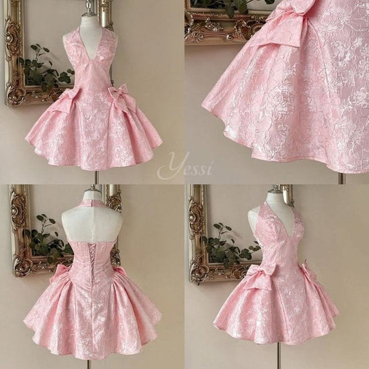 Schickes Cocktail-Ballkleid Neckholder Rosa Spitze Rosa Kurz Mini Formelle Geburtstags-Outfits Homecoming Kleider MP751