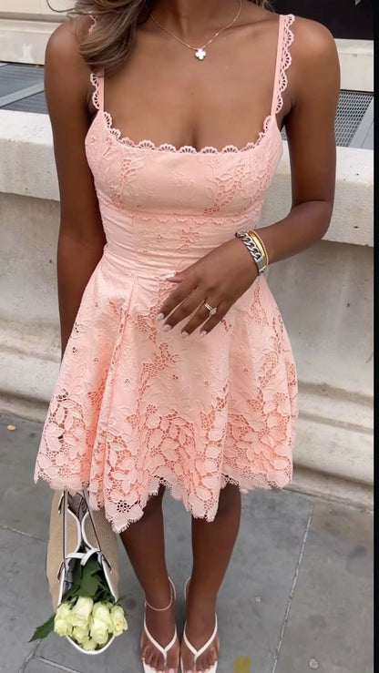 Kurzes, rosafarbenes Spitzen-Minikleid mit Trägern in A-Linie für die Heimkehr, 17. Geburtstag Partykleid MP412