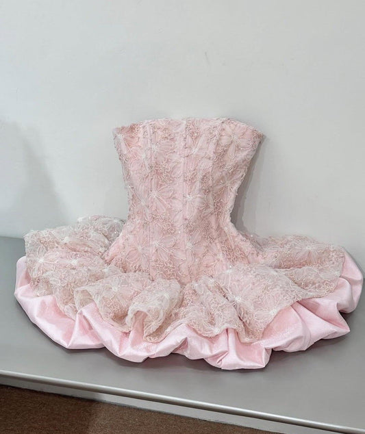 Süßes Ballkleid Trägerlos Pink mit Spitze Satin Kurz Mini 15 16 Geburtstag Outfits Abschlussballkleid MP757