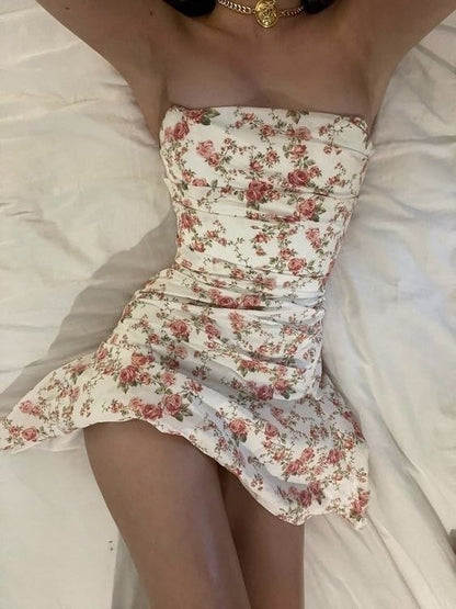 Cute Sheath Bodycon Short Homecoming Dresses Strapless Floral Satin Birthday Party Dress MP354