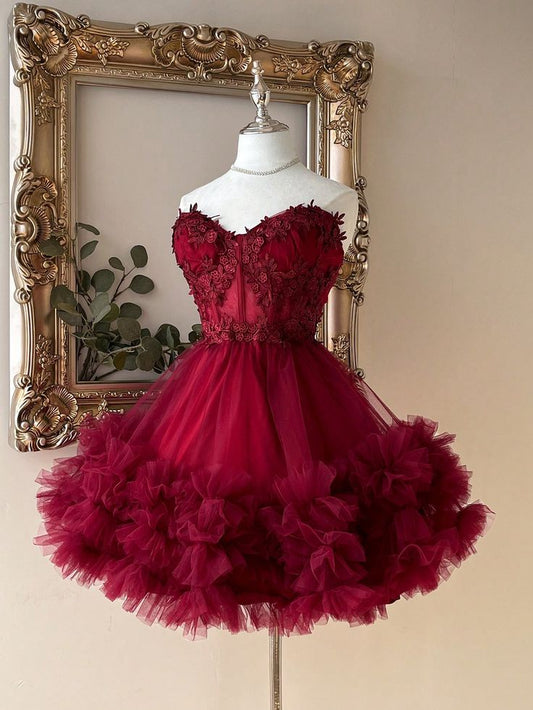 Prinzessin Ballkleid Herzform Spitze Burgund Kurzes Abschlussballkleid Outfits zum 15. Geburtstag MP759