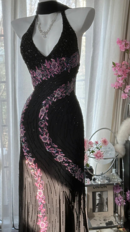 Modeste robe de soirée sirène rose dos nu avec cristaux en mousseline perlée sans manches pour bal de promo MP1012