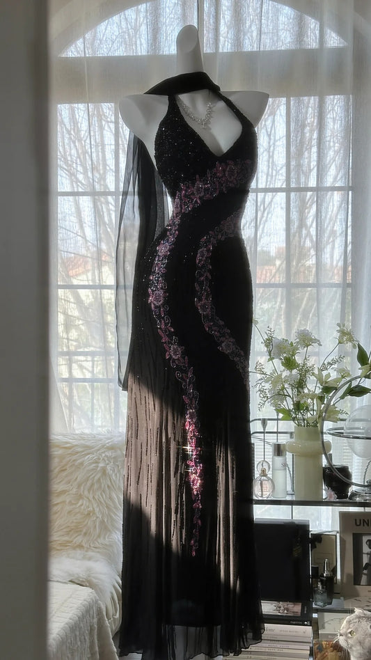 Modest Mermaid Halter Black Tie Pink With Crystals Chiffon Beaded Evening Night Gown Sleeveless Prom Dresses MP1012