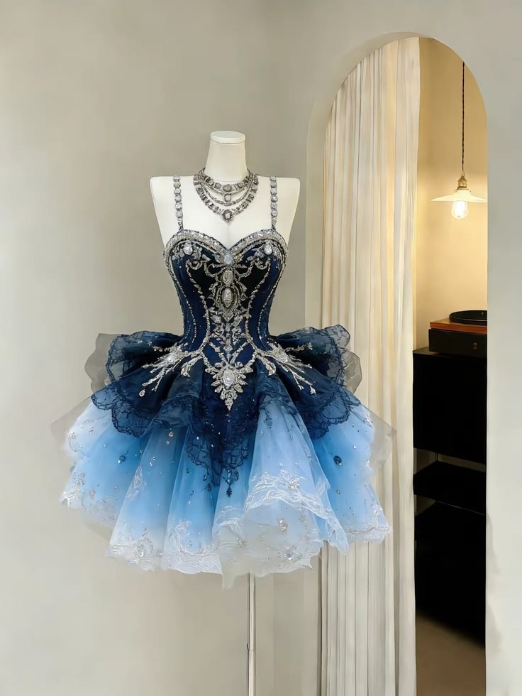 Hübsches Ballkleid Dunkelblau Hellblau Ombré Tüll Kurz Mini 18. Geburtstag Outfits Heimkehrkleid MP776