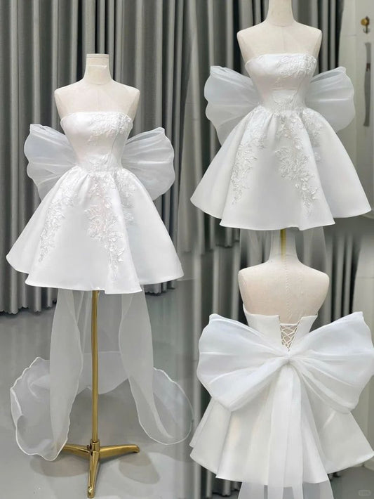 Süßes Ballkleid Trägerlos Satin Weiß Kurz Mini 18. Geburtstag Outfits Homecoming Kleid MP771