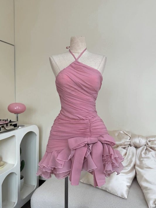 Hübsches Scheiden-Neckholder-Kleid aus pinkem Chiffon, kurz, Mini, für den 18. Geburtstag, Abschlussballkleid MP772