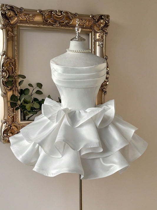 Prinzessinnen Ballkleid Trägerlos Weißer Satin Abschlussball Kurz Heimkehrkleid 15. Geburtstag Outfits MP783