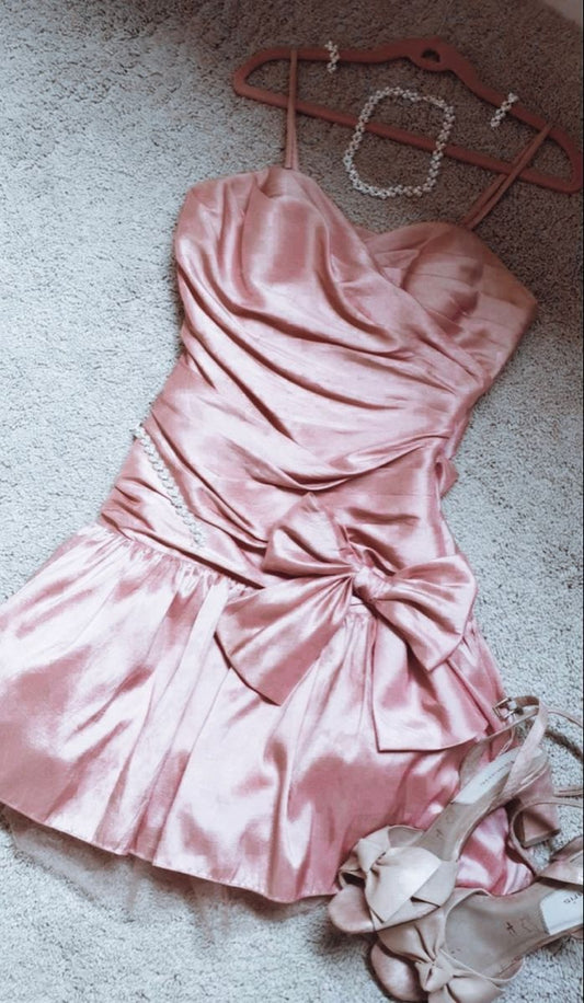 Bezauberndes Etui-Minikleid aus rosa Satin mit Spaghettiträgern für Hoco-Abschlussfeier oder Heimkehr MP878