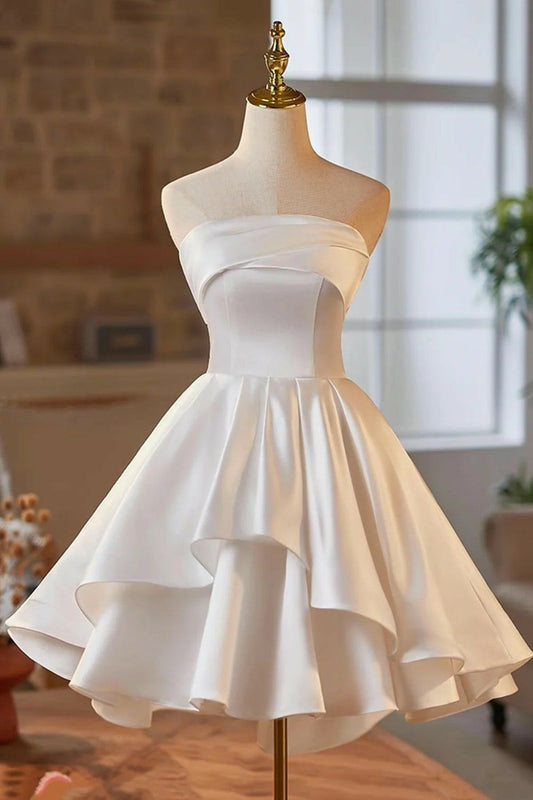 Prinzessin Ballkleid Trägerlos Weißer Satin Abschlussball Kurz Heimkehrkleid 15. Geburtstag Outfits MP879